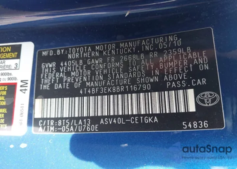 2011 Toyota Camry Xle from USA, damaged, VIN 4T4BF3EK8BR116790